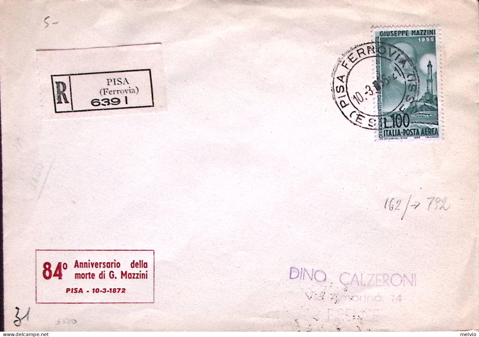 1956-P.A. MAZZINI Lire 100 Isolato Su Raccomandata Pisa (10.3) - 1946-60: Marcofilia