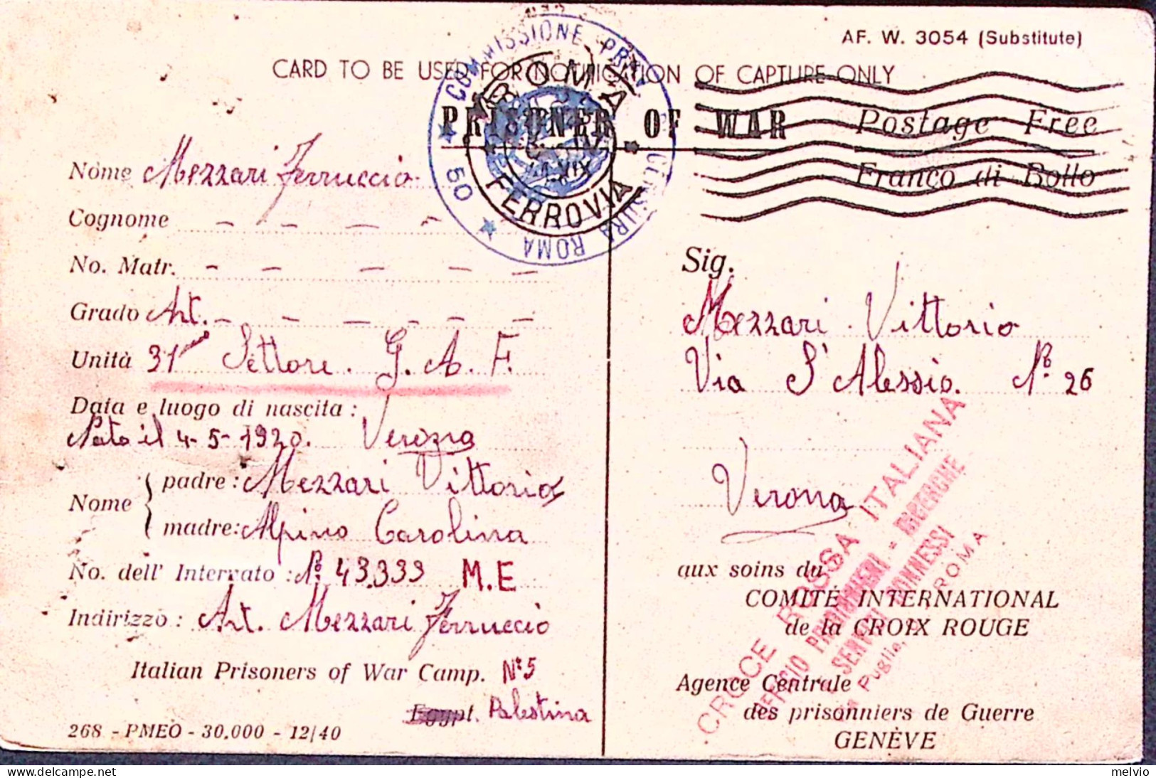 1941-P.O.W. N.5 (PALESTINA) Manoscritto Su Cartolina Franchigia (15.1) Da Prigio - Guerre 1939-45