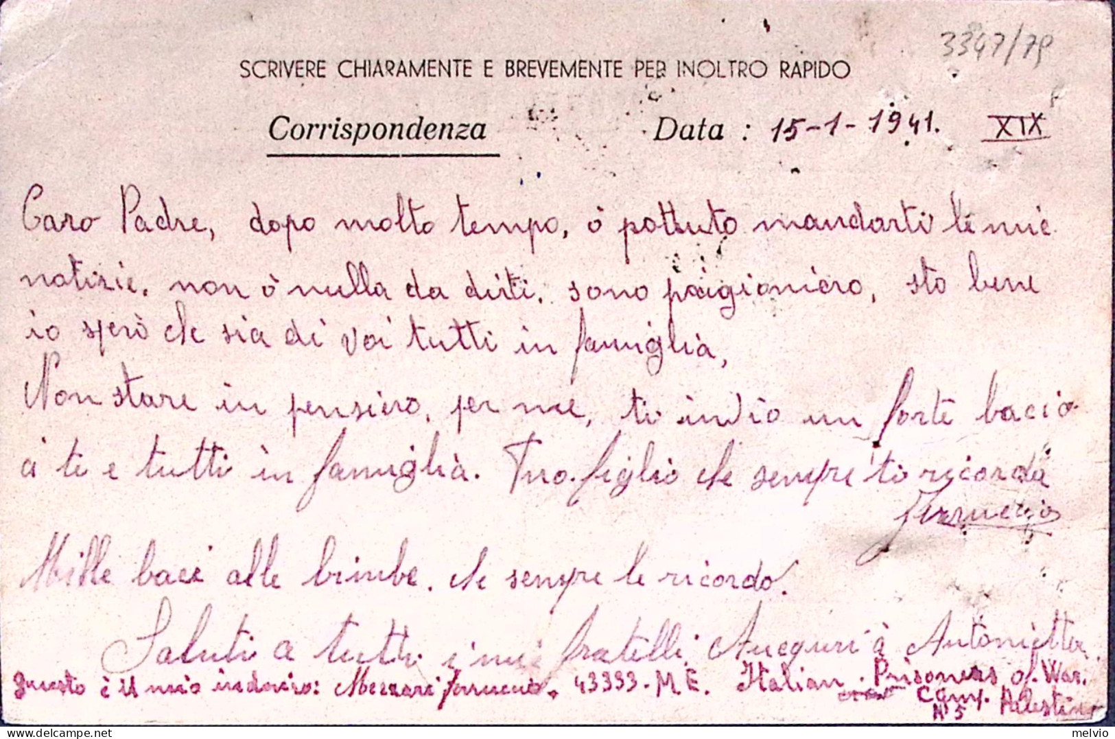 1941-P.O.W. N.5 (PALESTINA) Manoscritto Su Cartolina Franchigia (15.1) Da Prigio - Guerre 1939-45