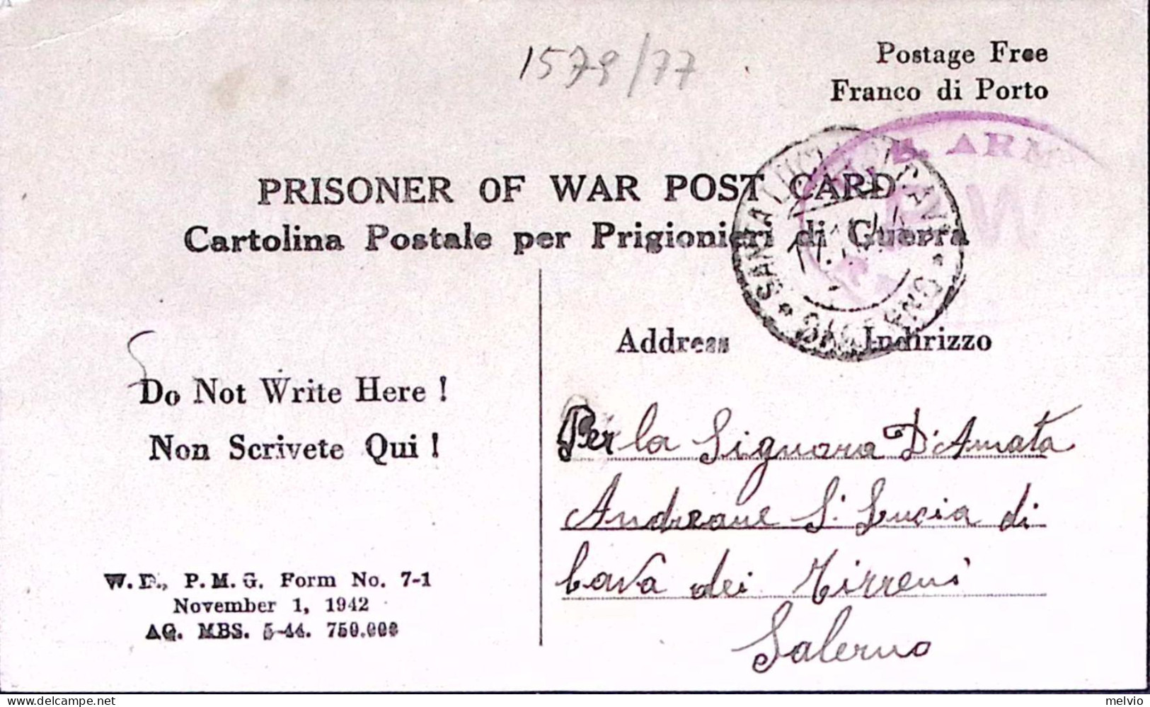 1944-P.O.W. CAMPS N.139 Manoscritto Al Verso Di Cartolina Franchigia (5.11) Da P - Oorlog 1939-45