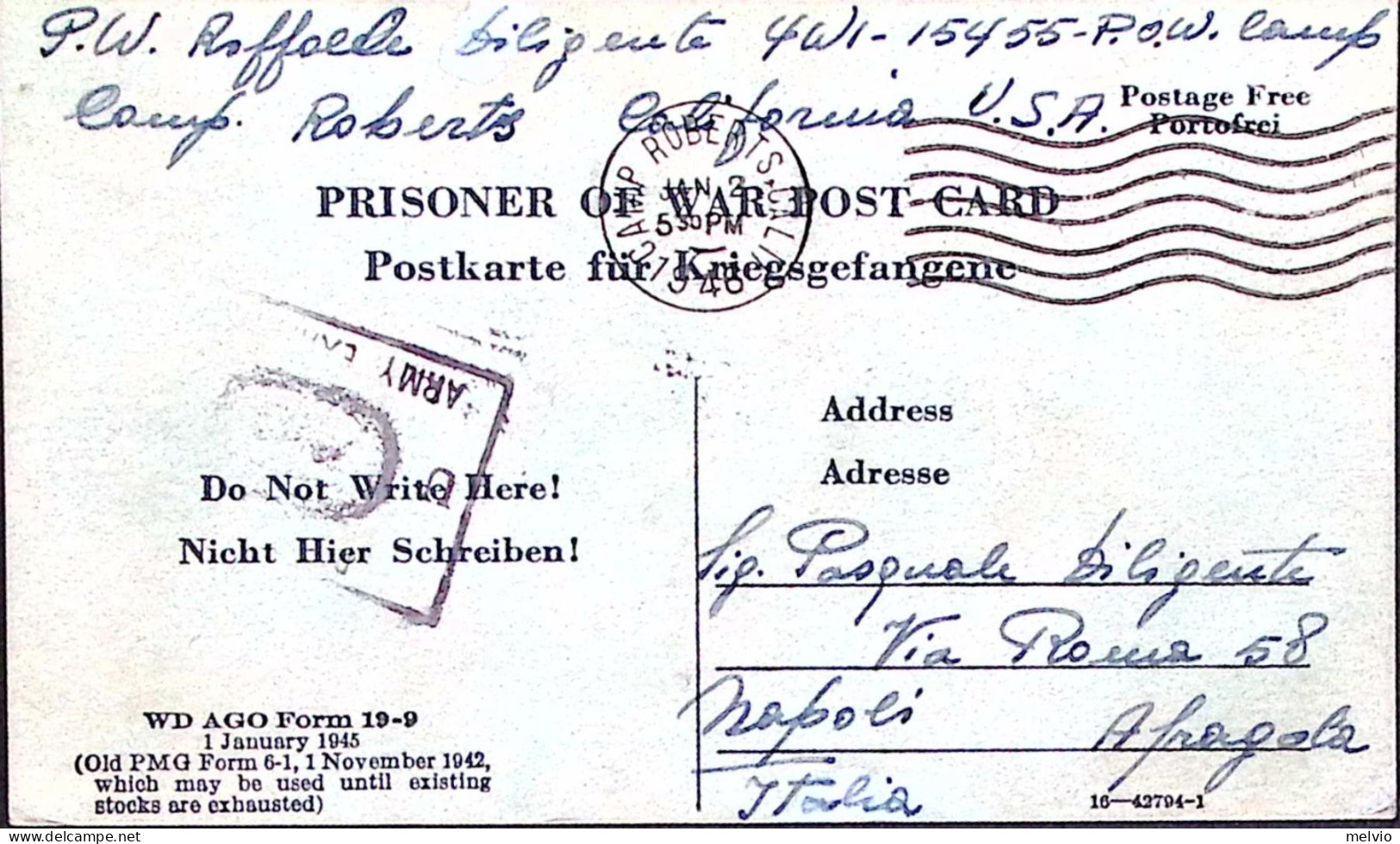 1945-P.O.W. CAMP ROBERTS Manoscritto Su Cartolina Franchigia (31.12) Da Prigioni - Guerre 1939-45