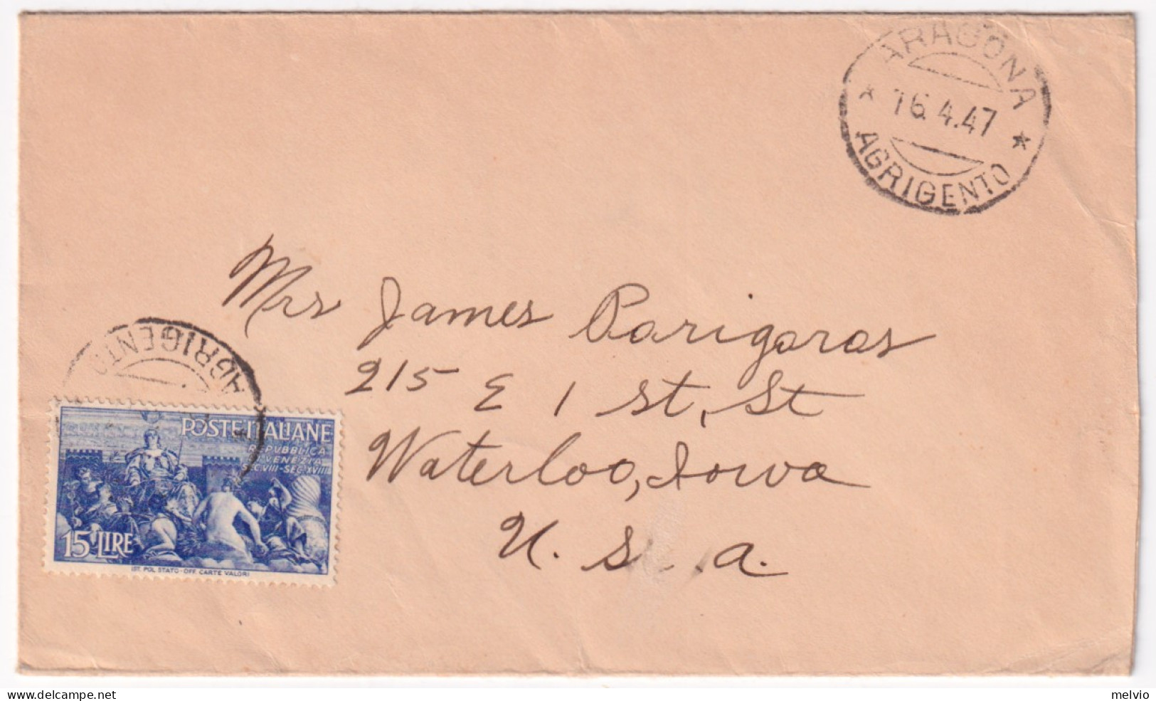 1947-MEDIEVALI Lire 15 (572) Isolato Su Busta Aragona (16.4) Per Gli USA - 1946-60: Poststempel