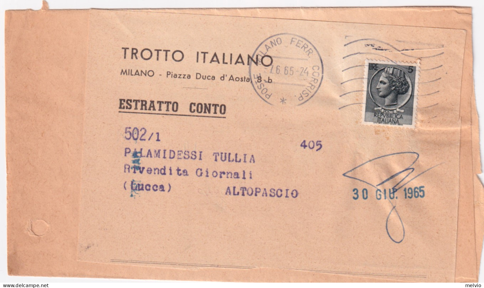 1965-Siracusana Lire 5 Isolato Su Estratto Conto Giornali Milano (7.6) - 1961-70: Marcophilie
