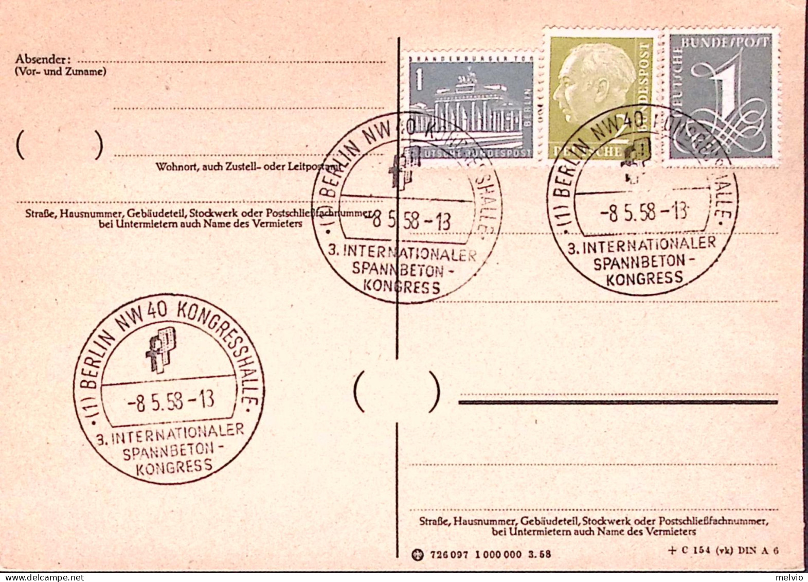 1958-Germania Berlino 3^ Congresso Cemento Armato Annullo Speciale (8.5) Su Cart - Lettres & Documents