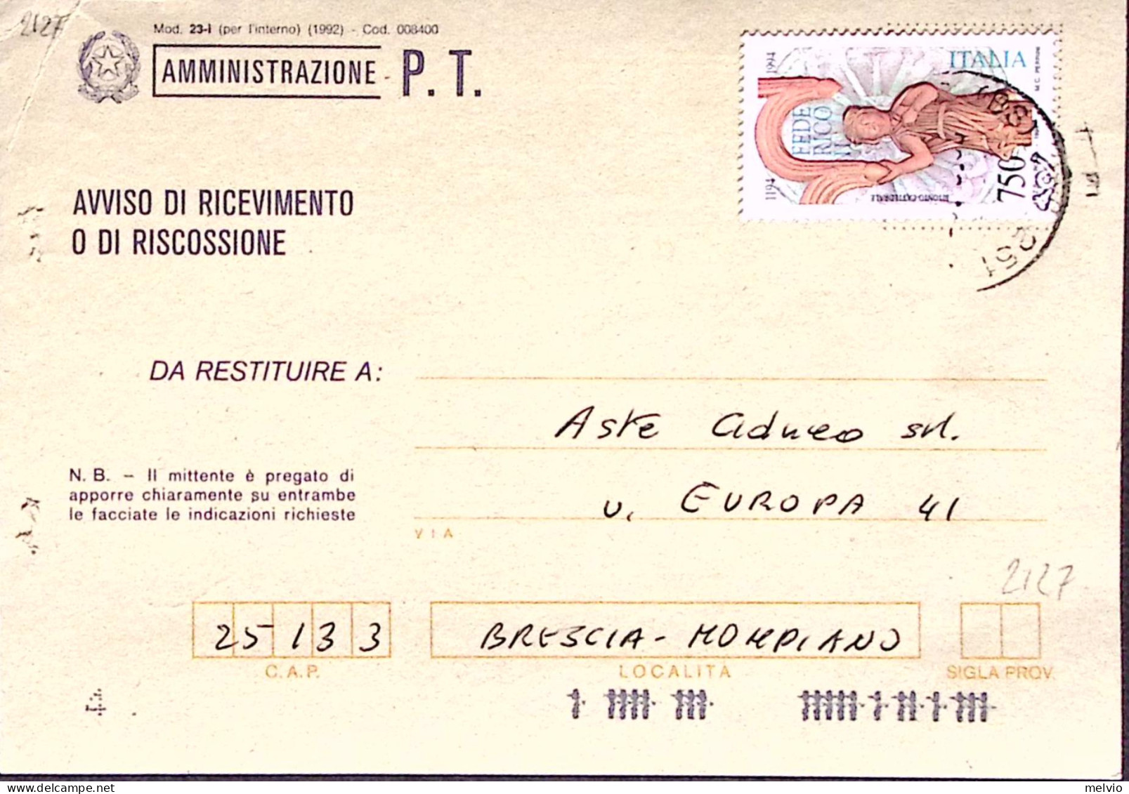 1995-FEDERICO II^lire 750, Isolato Su Avviso Ricevimento - 1991-00: Marcophilia