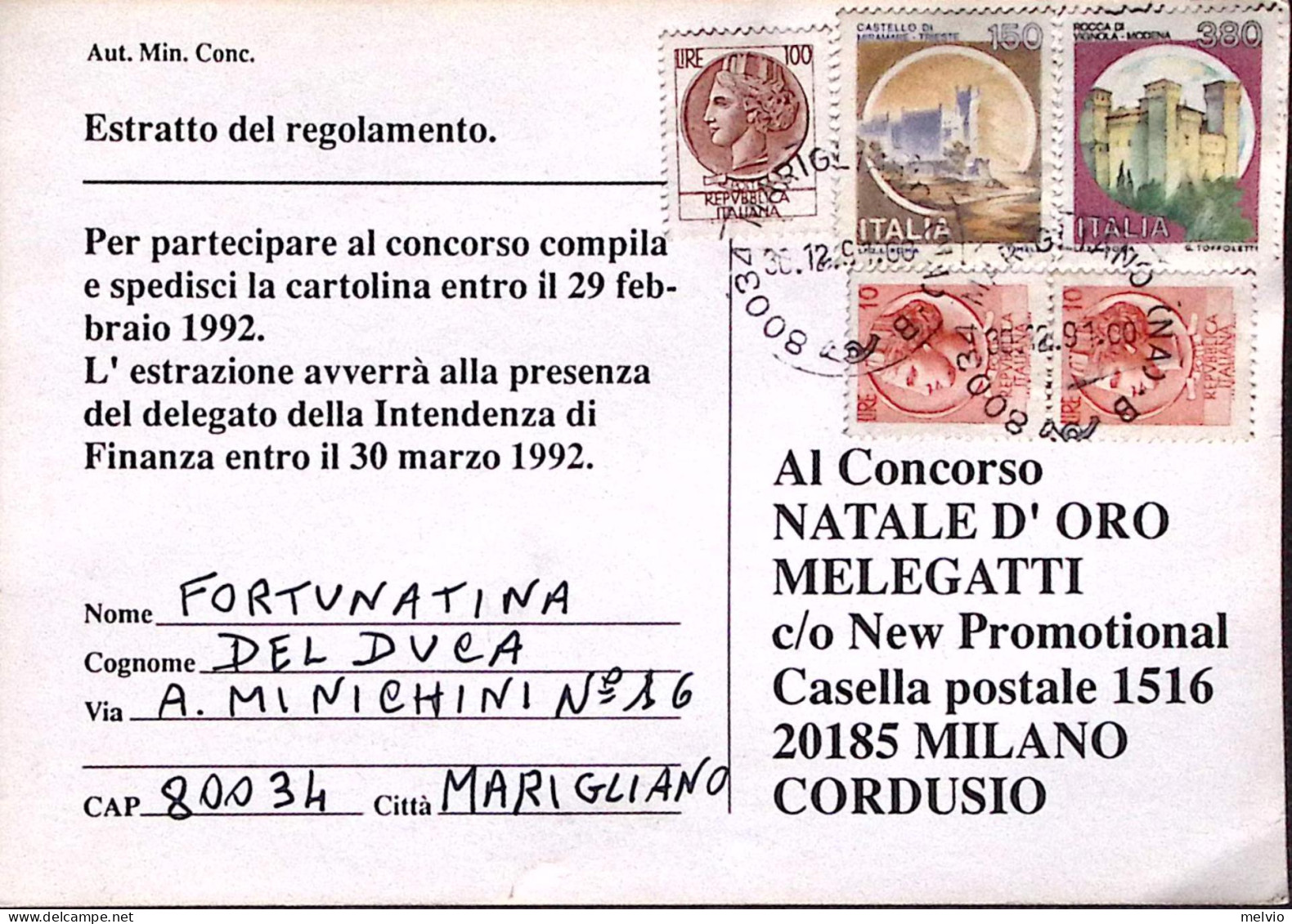 1991-Siracusana Lire 100 E Coppia10 (fuori Corso)+ Castelli Lire 380 E 150,su Ca - 1991-00: Marcophilie