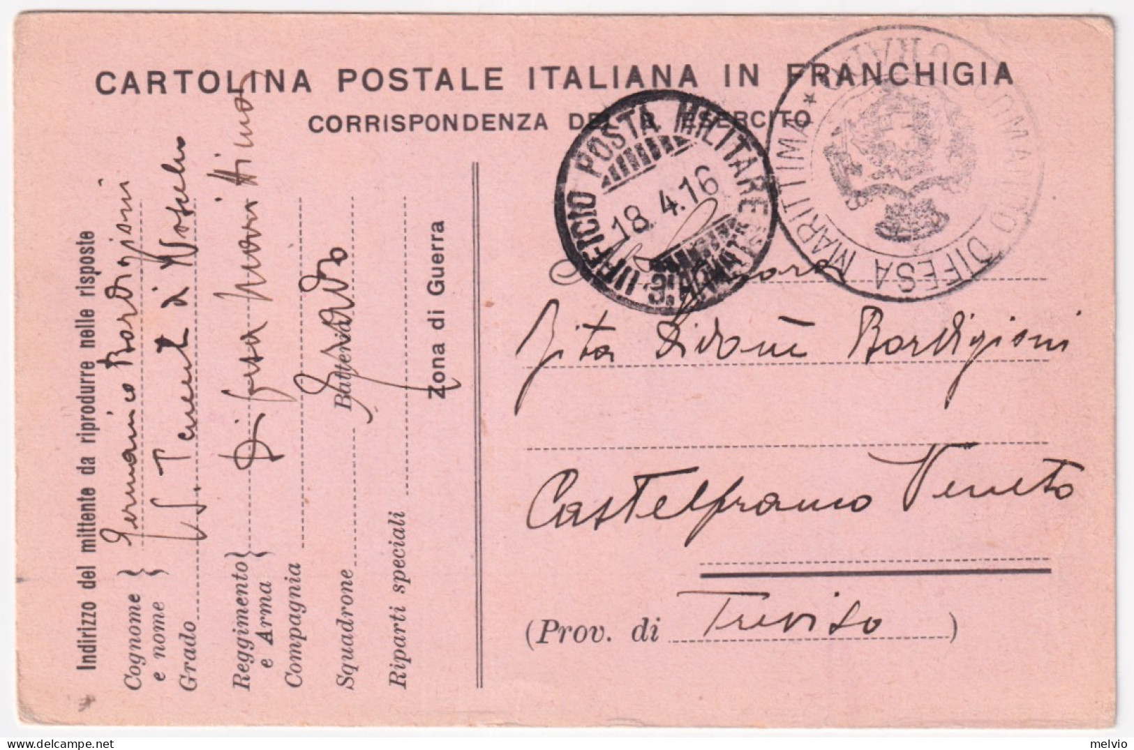 1916-Cartolina Franchigia Non Ufficiale (Cerruto/Colla 6 Ic) Viaggiata Ufficio P - Marcophilie