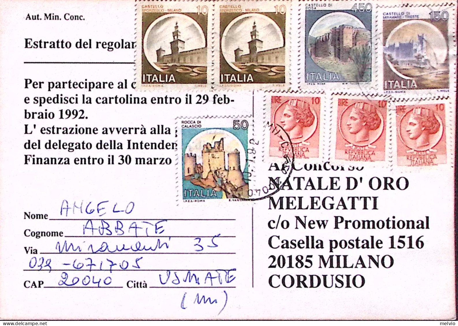 1992-Siracusana Tre Lire 10 (fuori Corso) + Castelli Lire 50, 150, 450, Coppia 1 - 1991-00: Marcophilia