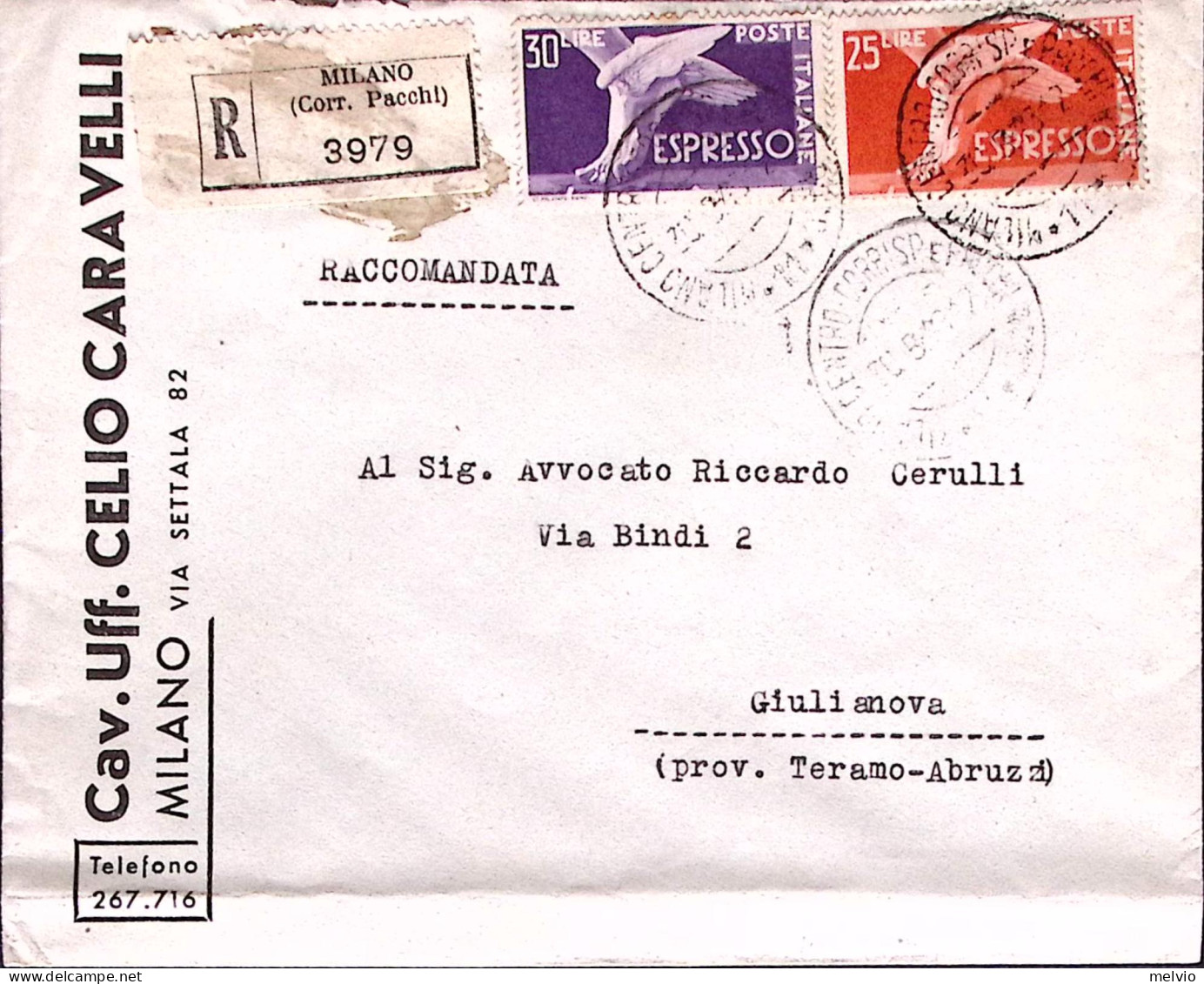 1949-Espresso Lire 25 E 30, Su Raccomandata Milano (30.8) - 1946-60: Marcofilia