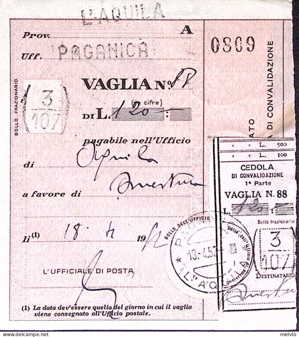 1952-striscia+coppia L.2 Democratica Al Verso Di Vaglia Ufficio Paganica L'Aquil - 1946-60: Poststempel