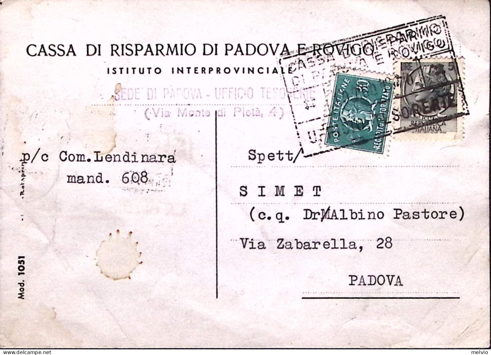 1970-RECAPITO AUTORIZZATO Lire 30 + Siracusana Lire 5, Su Cartolina Padova (19.8 - 1961-70: Marcophilia