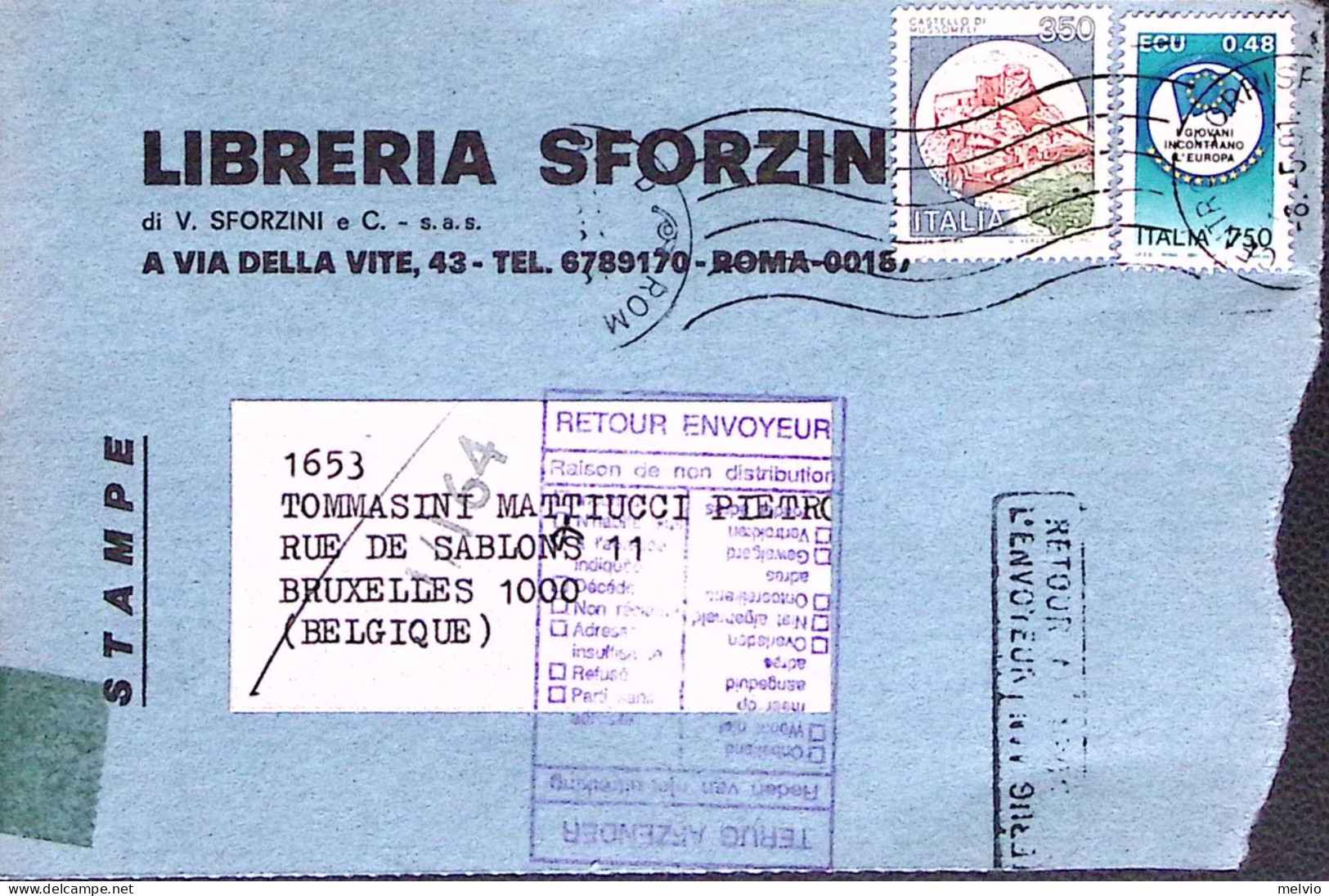 1981-EUROPA Lire 750 + CASTELLI Lire 350 Su Cartolina Stampati Per Il Belgio - 1981-90: Marcophilie