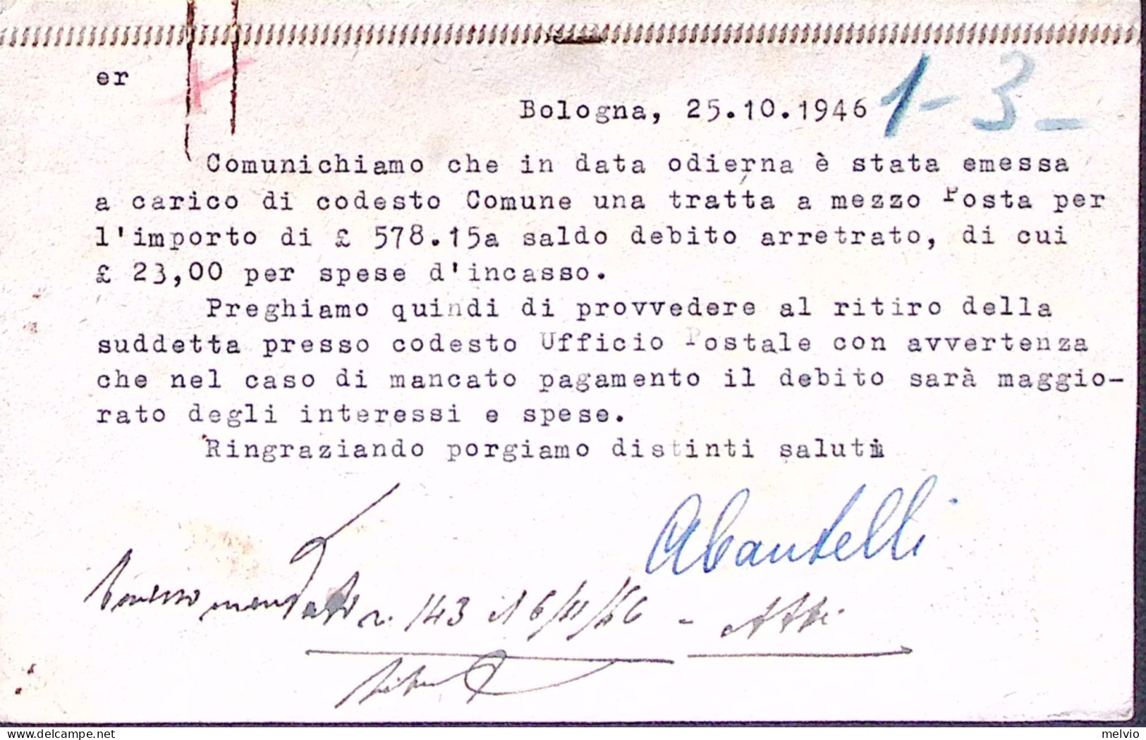 1946-AGENZIA T.T. CANTELLI/BOLOGNA C.2 (25.10) Su Cartolina Con Intestazione Sta - 1946-60: Marcofilia