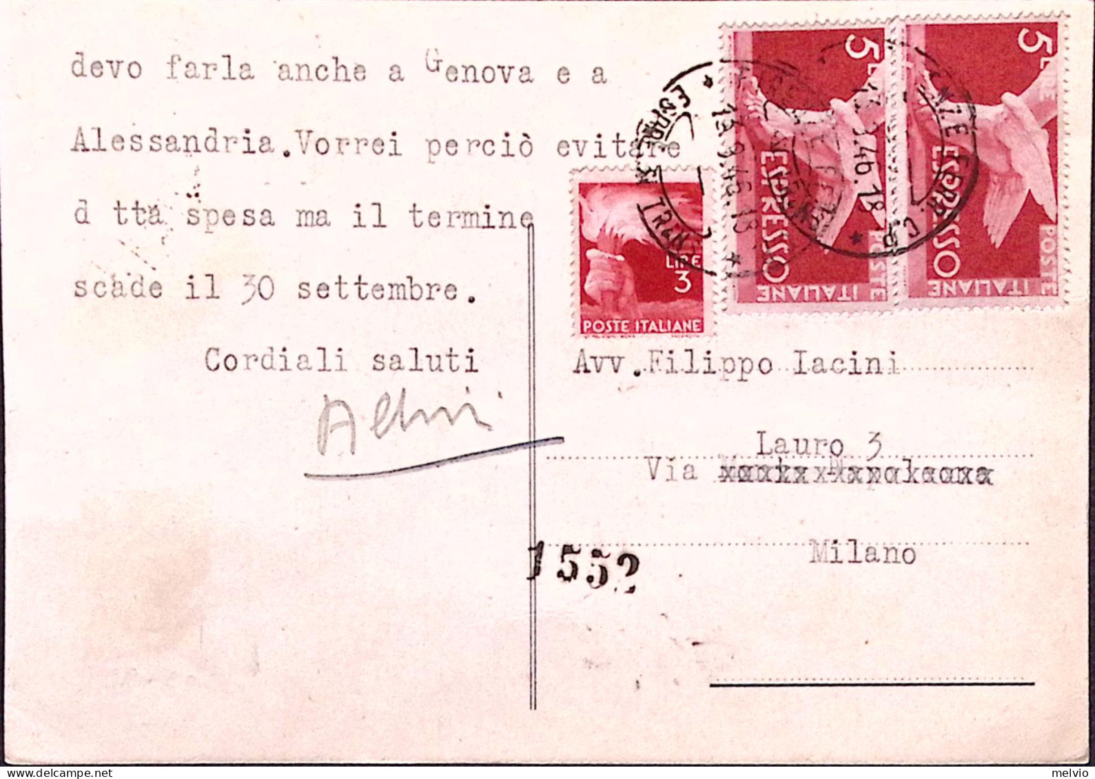 1946-ESPRESSO Coppia Lire 5 +Democratica Lire 3, Su Cartolina Espresso Firenze ( - 1946-60: Marcophilia