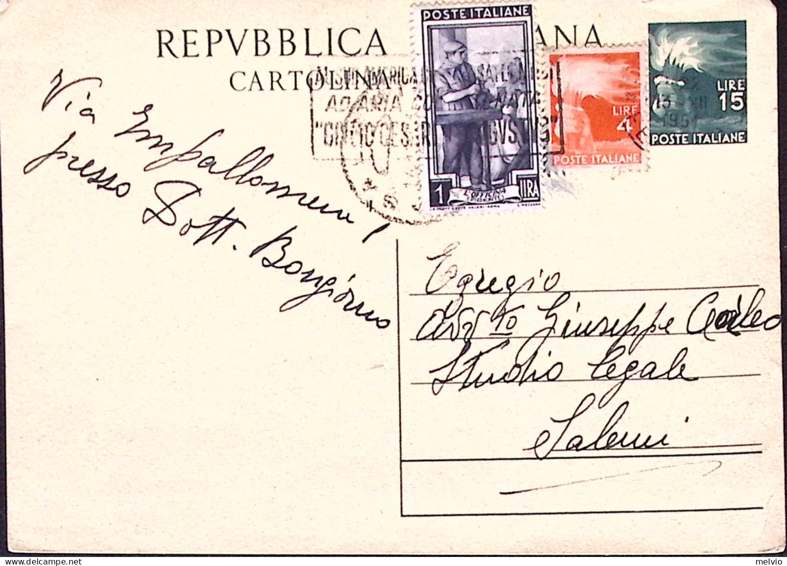 1951-Cartolina Postale Lire 15 Con Aggiunti Democratica Lire 3 E Italia Lavoro L - 1946-60: Marcofilia