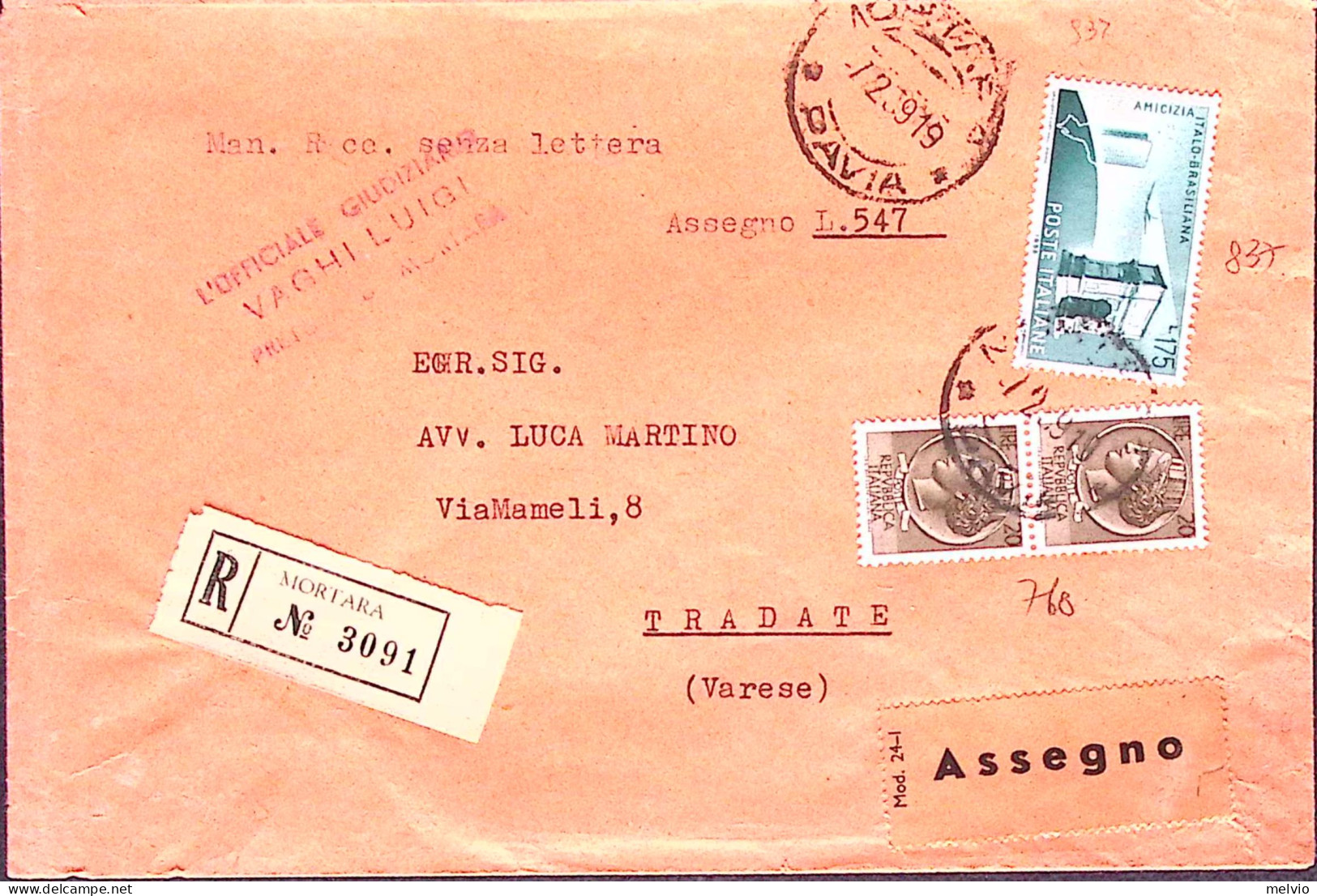 1959-AMICIZIA ITALO-BRASILIANA Lire 175 + Siracusana Coppia Lire 20 Su Raccomand - 1946-60: Marcophilia