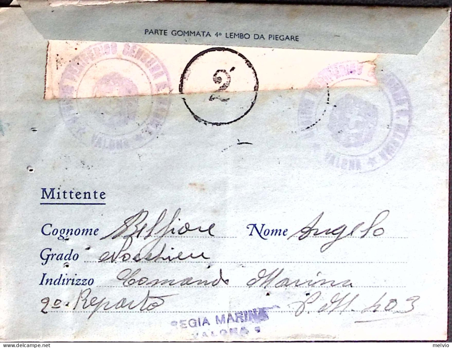 1943-DISTACCAMENTO MARINA VALONA Tondo E Lineare Al Verso Di Biglietto In Franch - Oorlog 1939-45