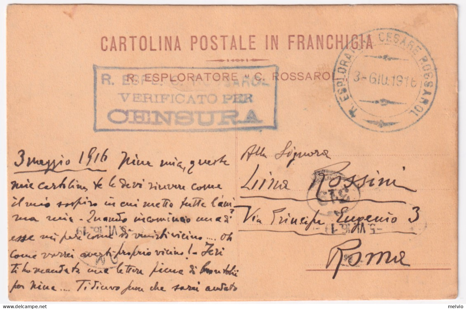 1916-R. ESPLORATORE CESARE ROSSIGNOL C.2 (3.6) Su Cartolina Con Intestazione Del - Marcofilía