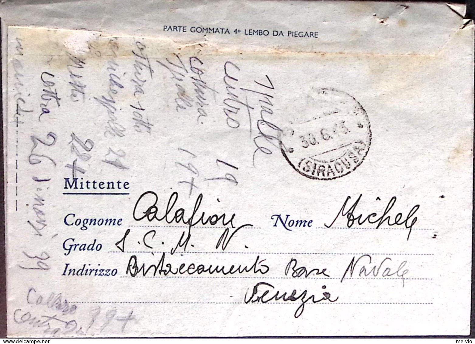 1943-DISTACCAMENTO BASE NAVALE/Venezia Tondo Su Biglietto Franchigia (16.6) - Oorlog 1939-45