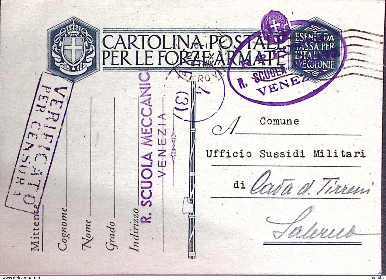 1942-R. SCUOLA MECCANICI/Venezia Lineare E Ovale Su Cartolina Franchigia Venezia - Guerra 1939-45