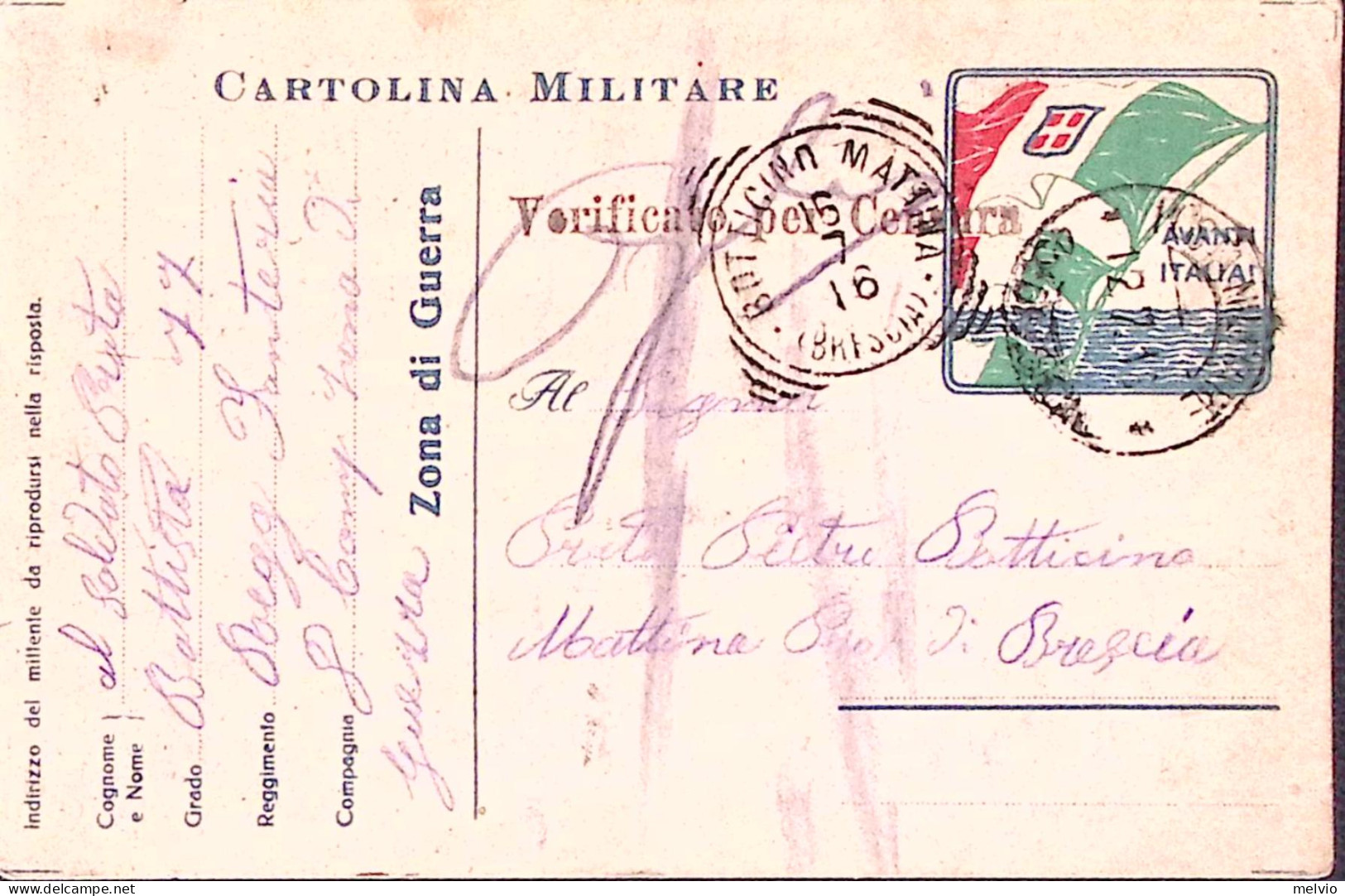 1916-Cartolina Franchigia Non Ufficiale Bandiera Incorniciata A Destra, Viaggiat - Guerre 1914-18