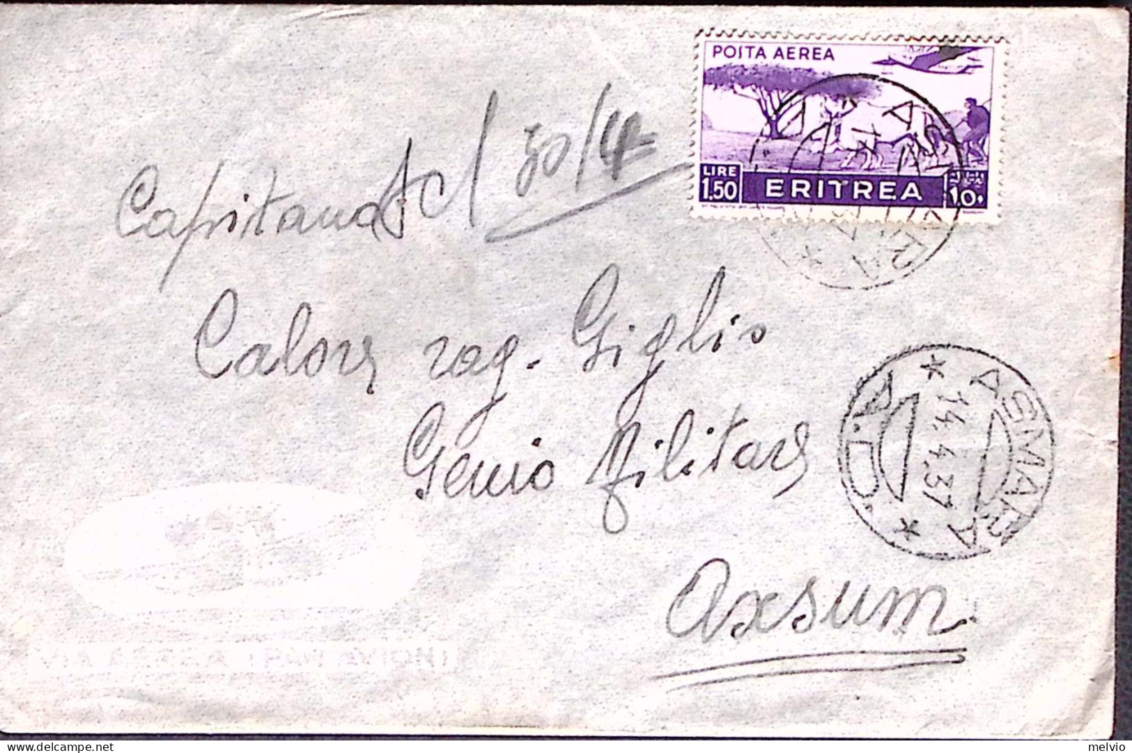 1937-Posta Aerea Lire 1,50 Isolato Su Busta Via Aerea Asmara (14.4) - Marcophilia