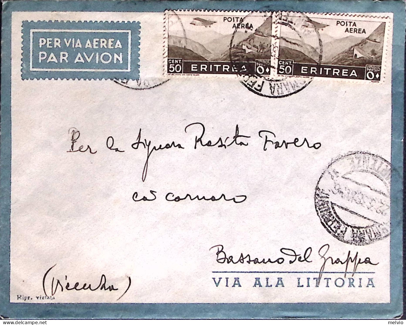 1938-Posta AREA Due C.50, Su Busta Via Aerea Asmara (22.3) - Marcophilie