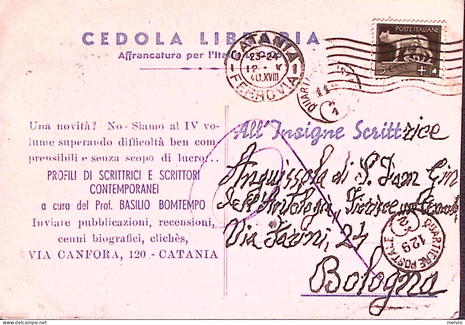 1940-Imperiale C.5 Isolato Su Cedola Commissione Libraria - Marcophilie