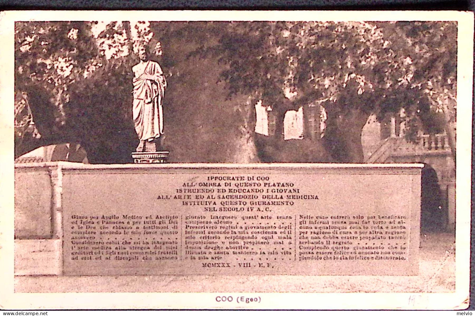 1939-COO MONUMENTO A Ippocrate, Viaggiata, Affrancata Egeo C.20 - Egée