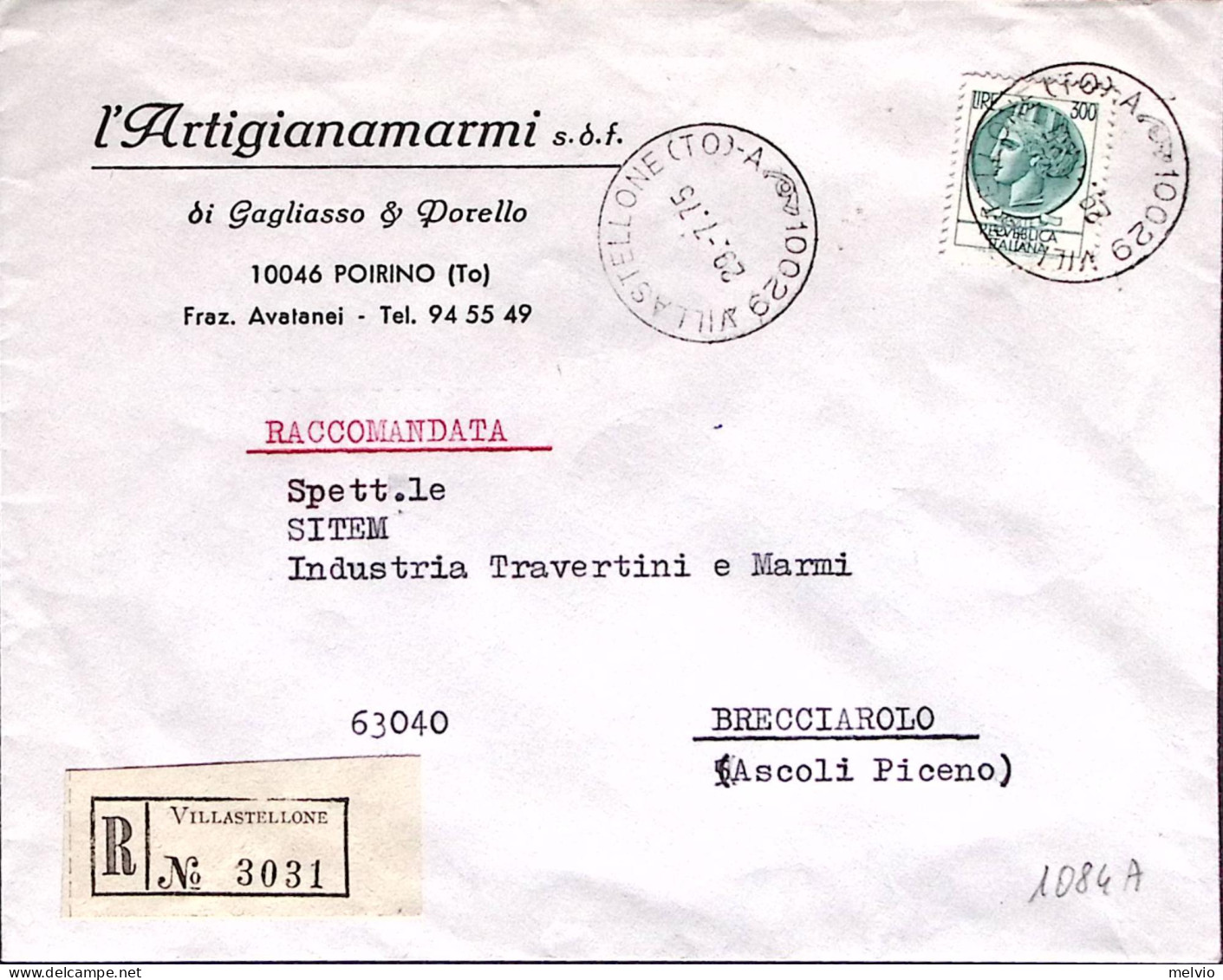 1975-Siracusana Lire 300, Isolato Su Raccomandata Villastellone (29.7) - 1971-80: Marcophilia