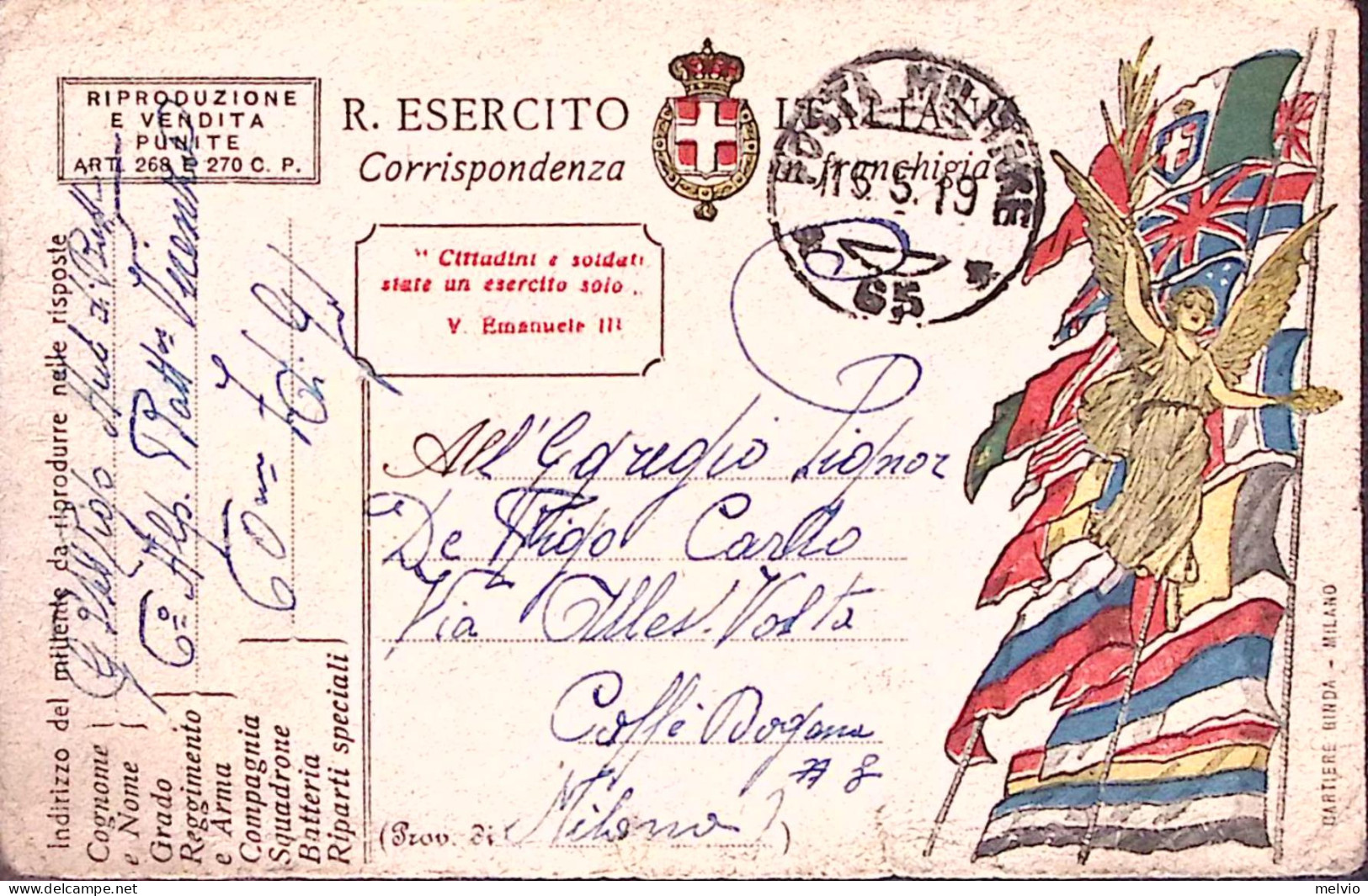 1919-Posta Militare/65 C.2 (15.5) Su Cartolina Franchigia - Oorlog 1914-18