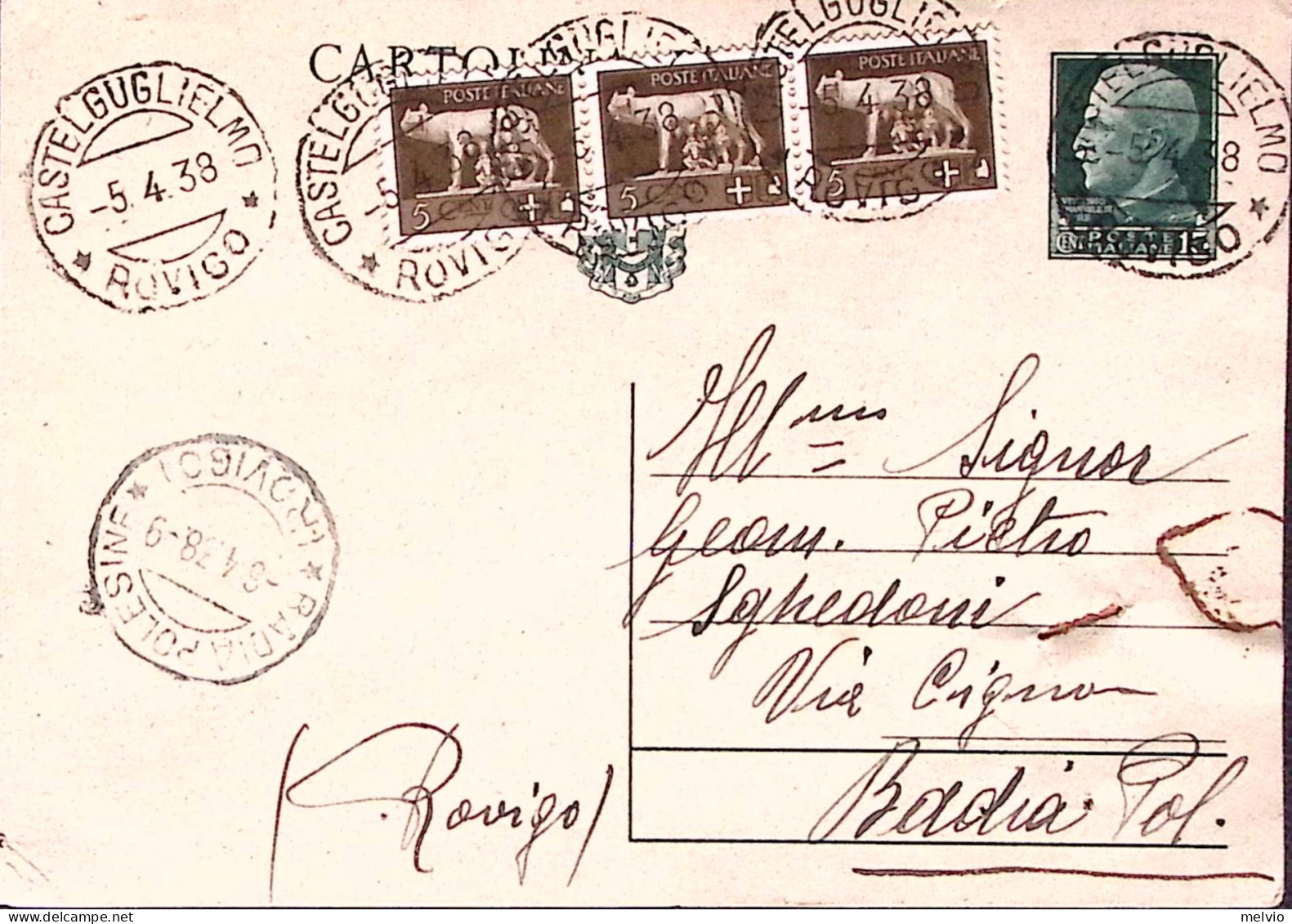 1938-CASTELGUGLIELMO C.2 (5.4) Su Cartolina Postale Imperiale C.15 + Imperiale S - Marcofilía