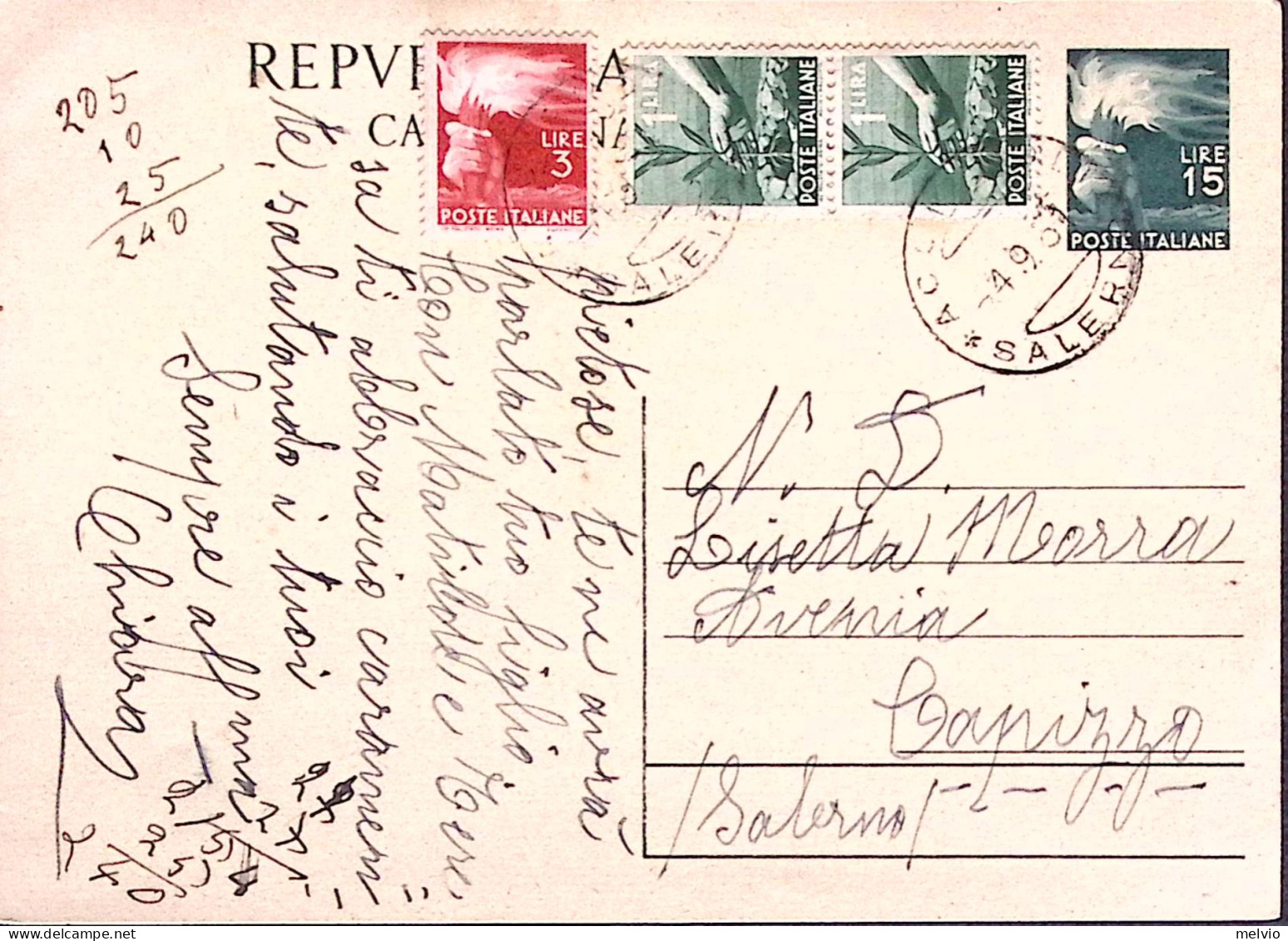 1951-Cartolina Postale Democratica Lire 15 Con Aggiunti Democratica Lire 3 E Cop - 1946-60: Marcophilia