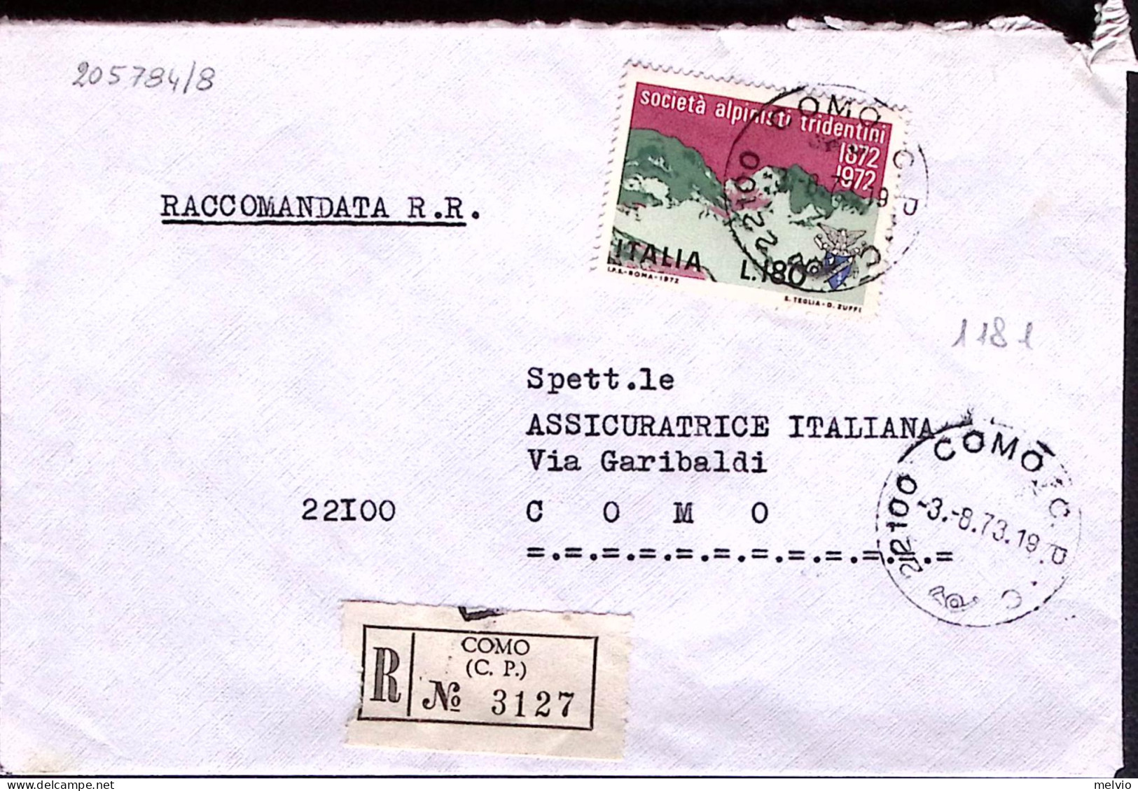 1973-SOCIETA' ALPINA TRIDENTINA Lire 180, Isolato, Su Raccomandata Como (3.8) - 1971-80: Marcophilie