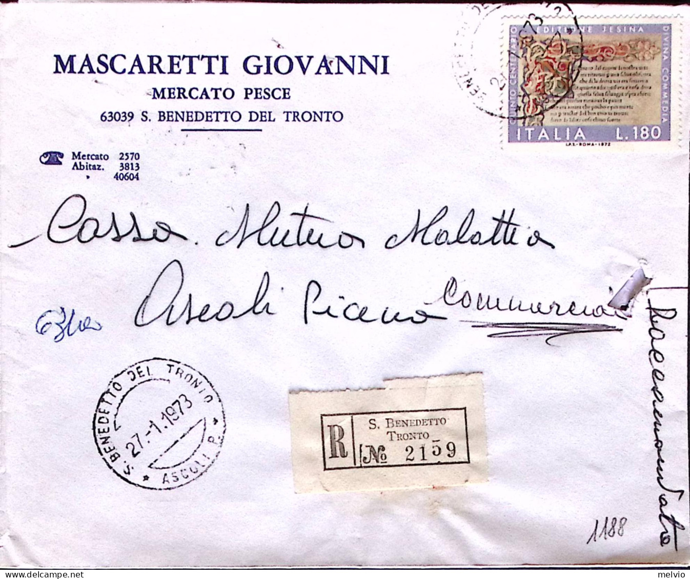 1973-DIVINA COMMEDIA Lire 180, Isolato, Su Raccomandata S. Benedetto T. (27.1) - 1971-80: Marcophilie