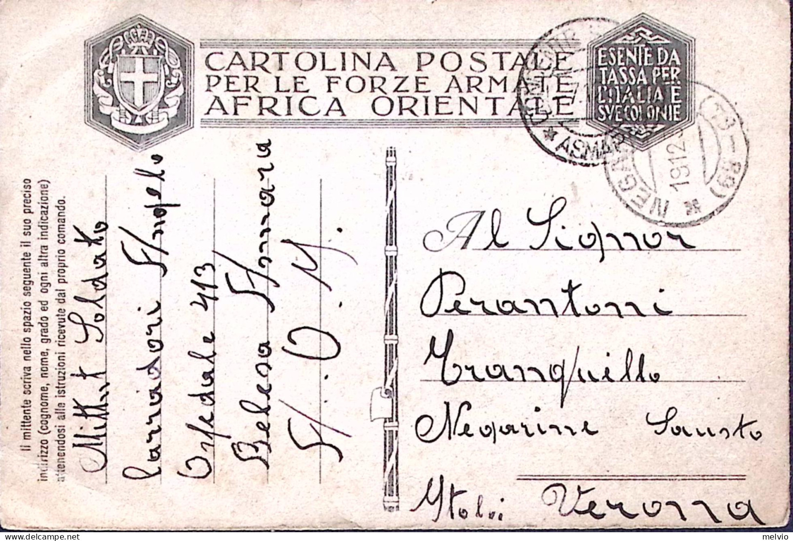 1936-OSPEDALE CAMPO 413 Belesa Manoscritto Su Cartolina Franchigia Carta A.O. An - Eritrea