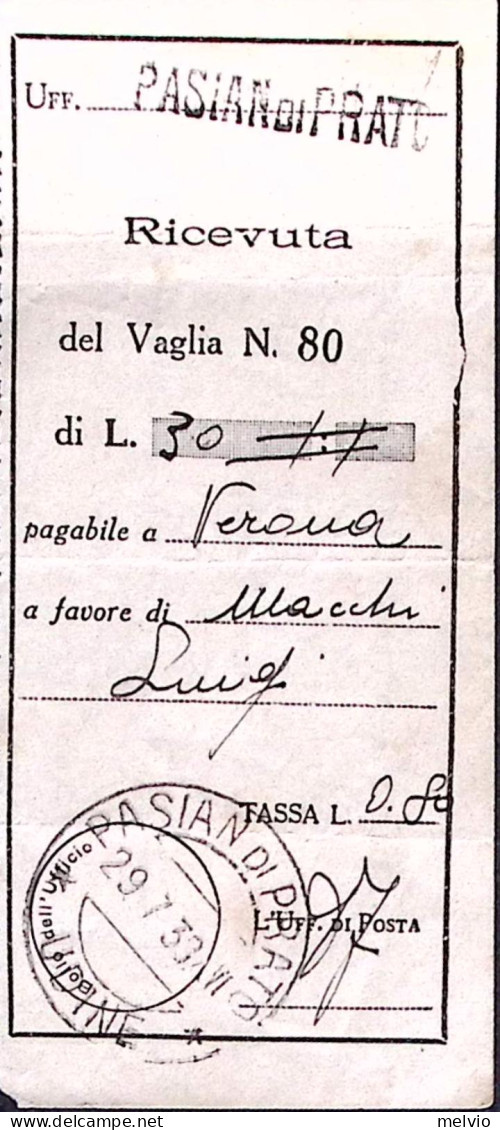 1939-PASIAN DI PRATO/UDINE C.2 (29.7) Su Ricevuta Vaglia - Marcophilie