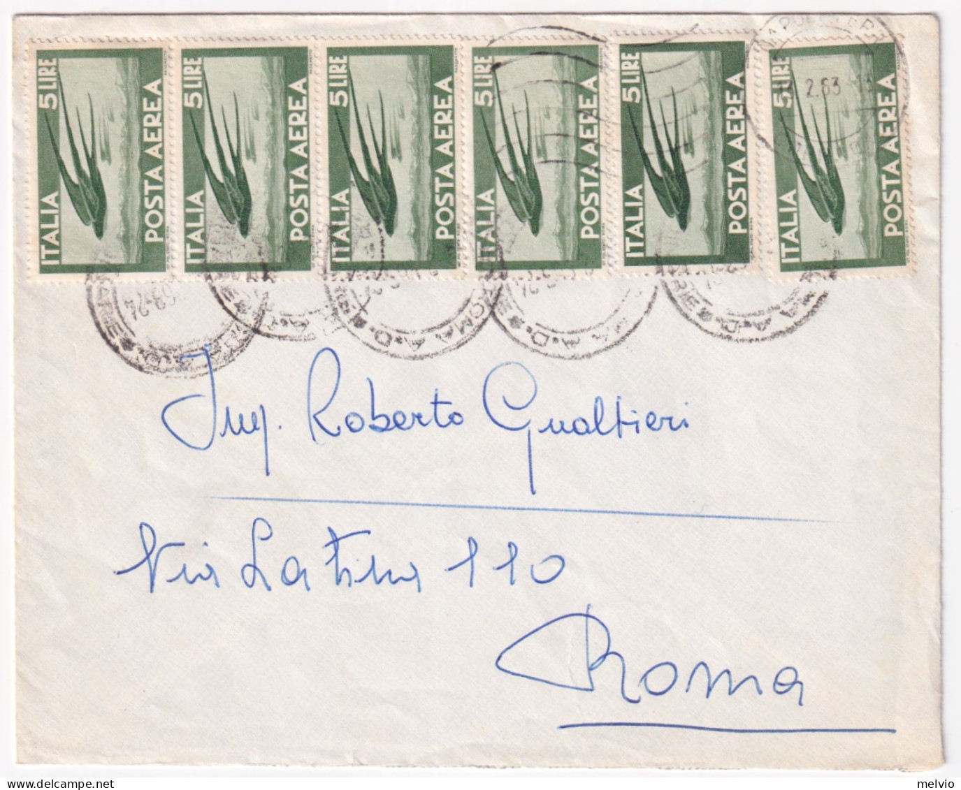 1963-Posta Aerea Due Singoli E Striscia Quattro Lire 5 (155) Su Busta - 1961-70: Poststempel