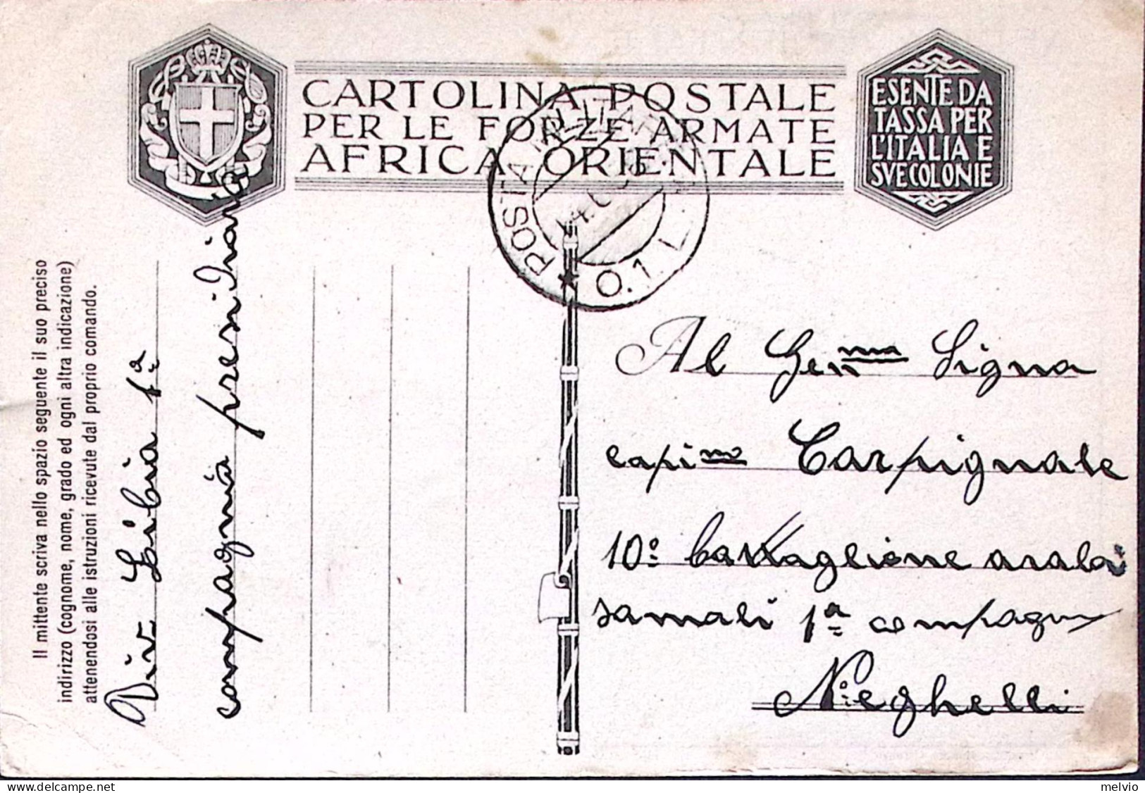 1936-Posta Militare/O. 1 L C.2 (14.6) Su Cartolina Franchigia Carta A.O. - Guerre 1939-45
