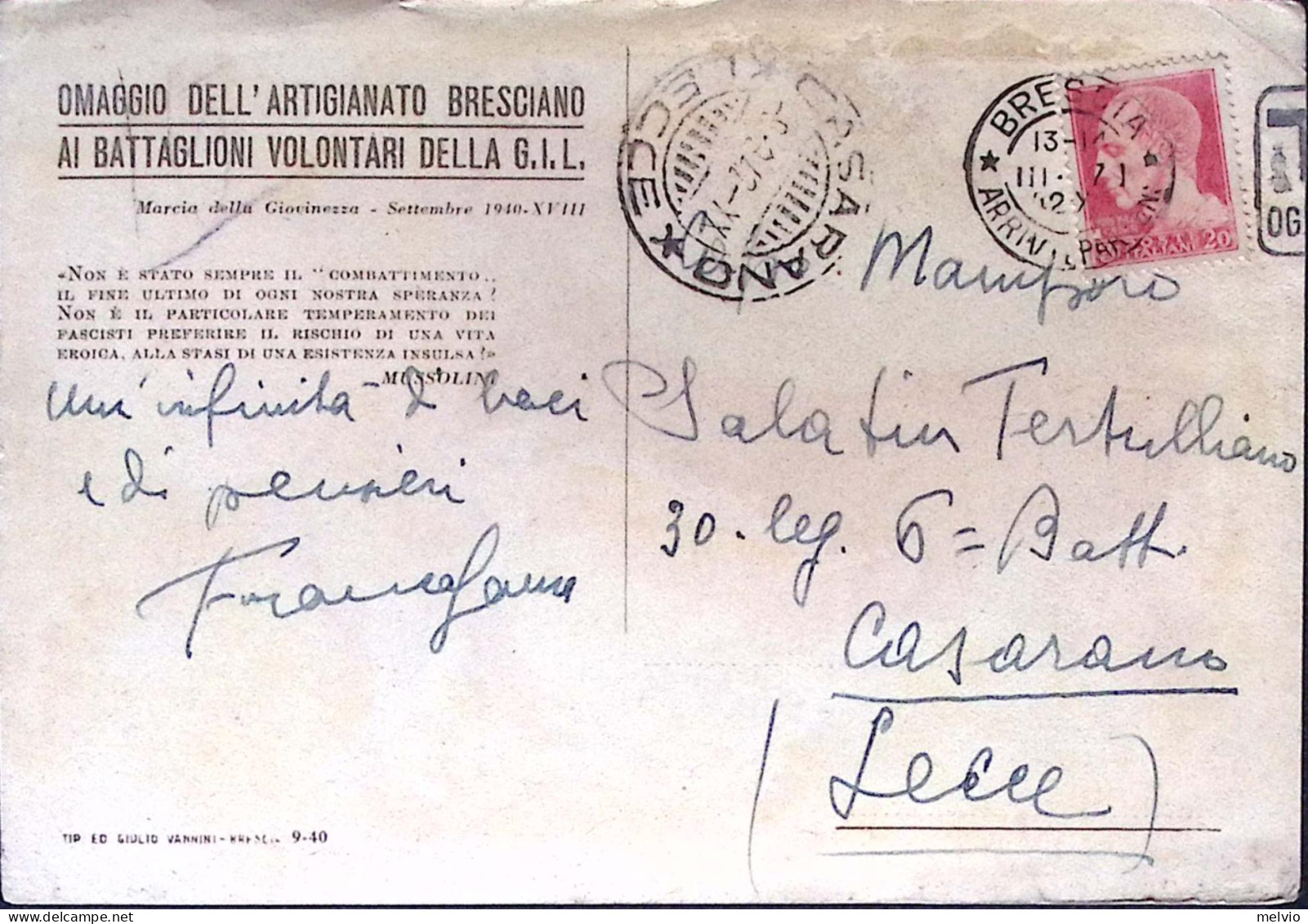 1942-LA "VITTORIA" Omaggio Dell'Artigianato Bresciano Viaggiata (3.9) - Patriotic