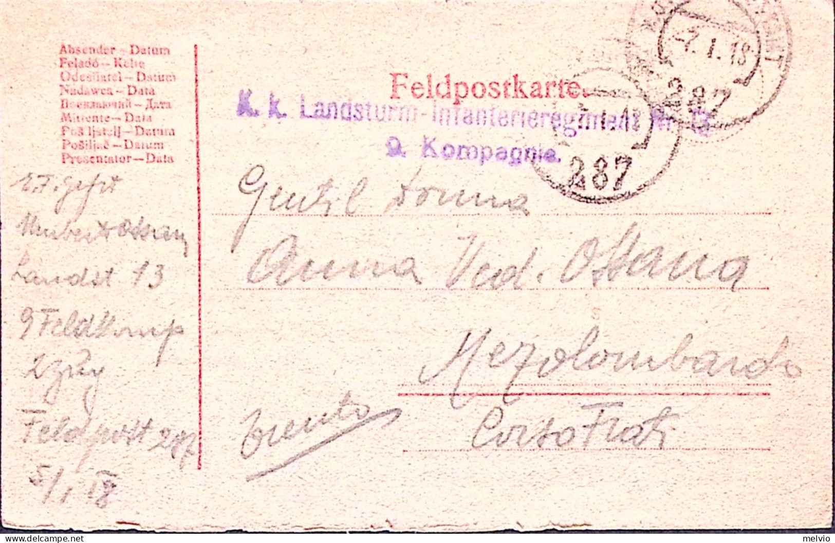 1918-AUSTRIA K.u.K. FELDPOST/287 C.2 (7.1) Su Cartolina Franchigia - Guerre 1914-18