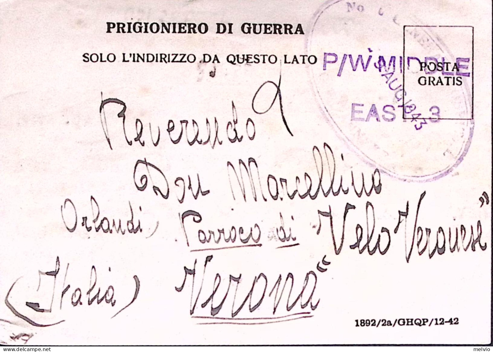 1943-GENERAL HOSPICE Manoscritto Al Verso Di Cartolina Franchigia Da Prigioniero - Guerre 1939-45