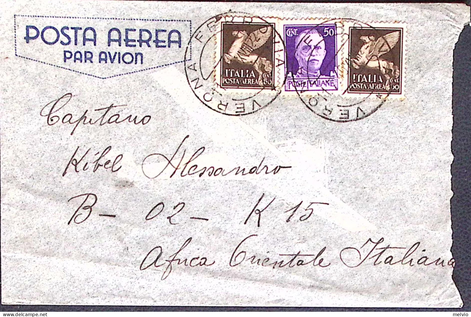 1940-B-02-K15 A.O.I. Destinatario In Codice Su Busta Verona (1.7) Su Posta Aerea - Marcophilie