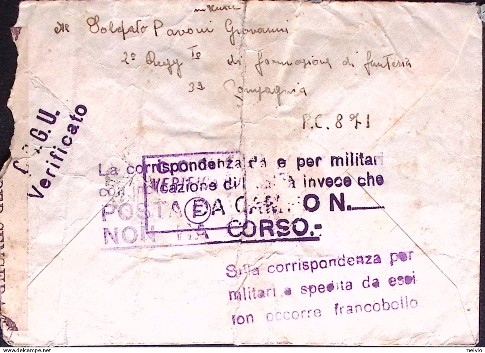 1944-Posta Da Campo/n.871 C.2 (30.5) Su Busta Non Affrancata, Non Tassata - Guerra 1939-45