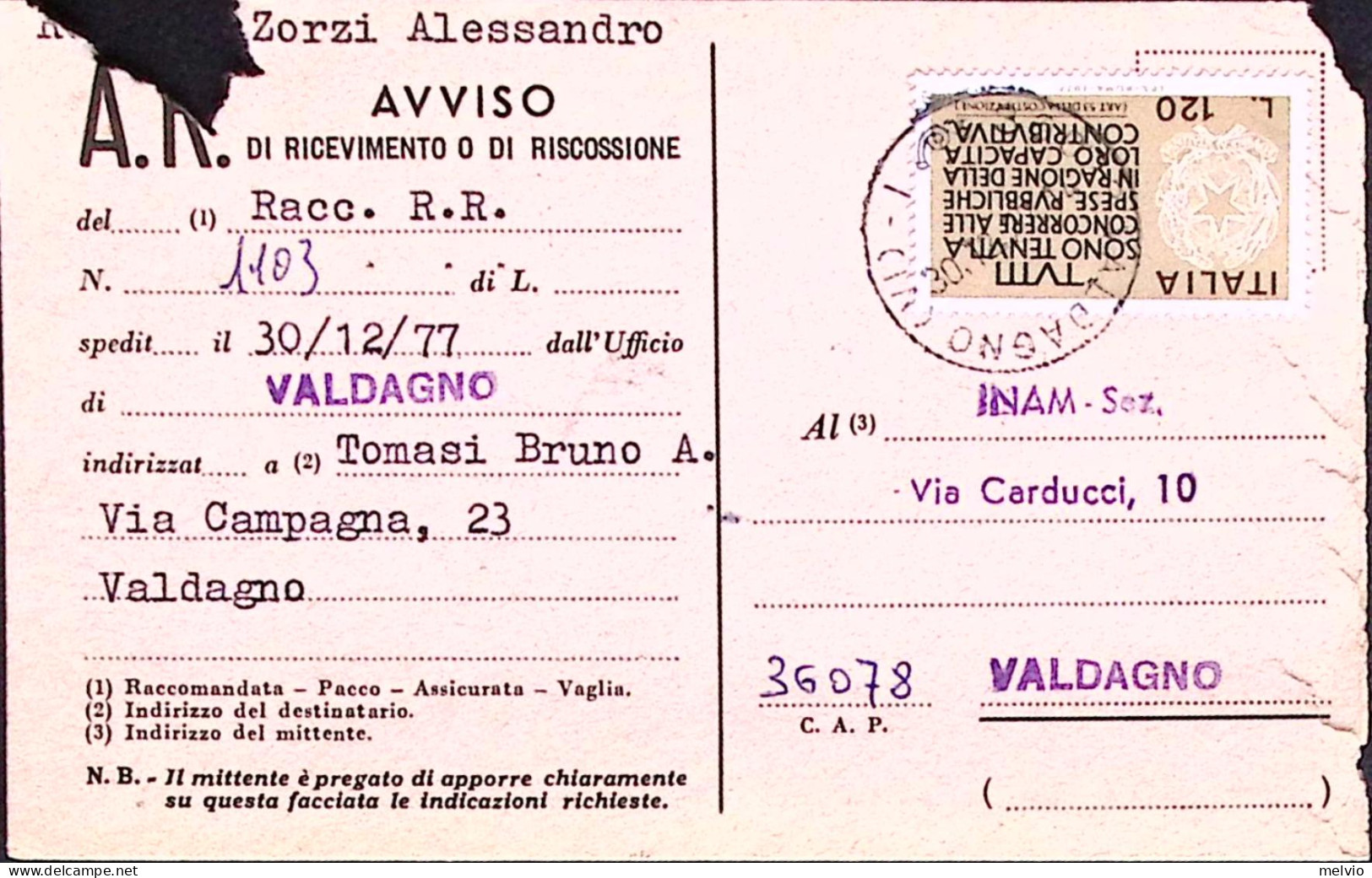 1977-IMPOSTE E TASSE Lire 120, Isolato Su Avviso Ricevimento - 1971-80: Poststempel