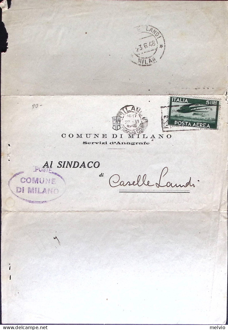 1948-Posta Aerea Lire 5, Isolato Su Piego Comunale - 1946-60: Marcophilie