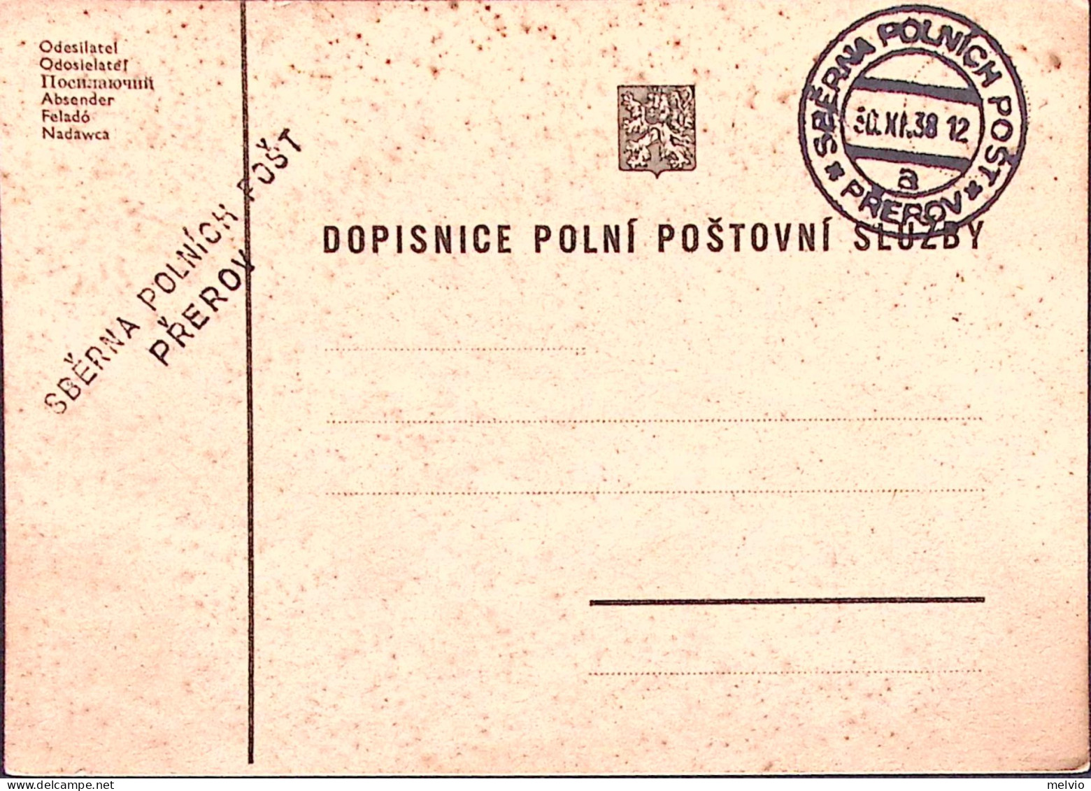 1938-CECOSLOVACCHIA SBERNA POLNICH POST/a PREROV C.2 (30.11) Su Cartolina Franch - Autres & Non Classés