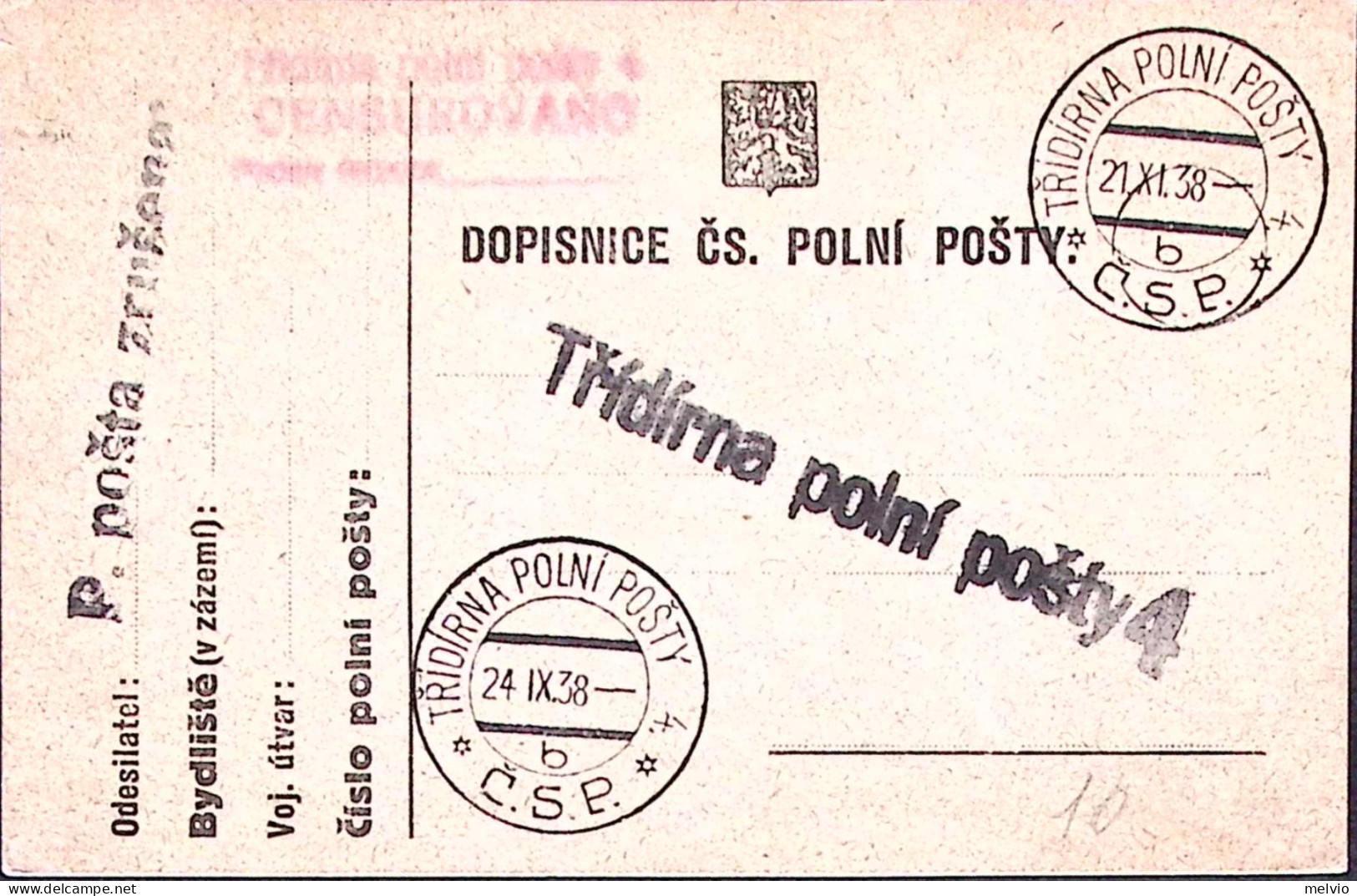 1938-CECOSLOVACCHIA TRIDIRNA POLNI POSTY/4/b C.2 (21.11) Su Cartolina Franchigia - Autres & Non Classés