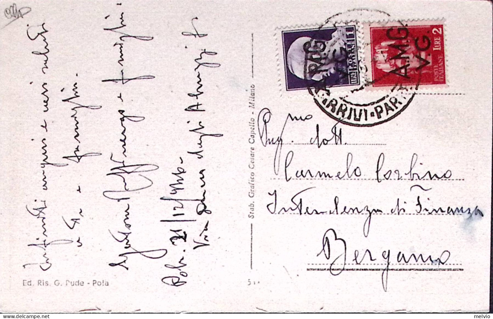 1946-A.M.G.-V.G. Imperiale Lire 1 E 2, Su Cartolina (Pola-Stazione Torpediniere) - Trieste
