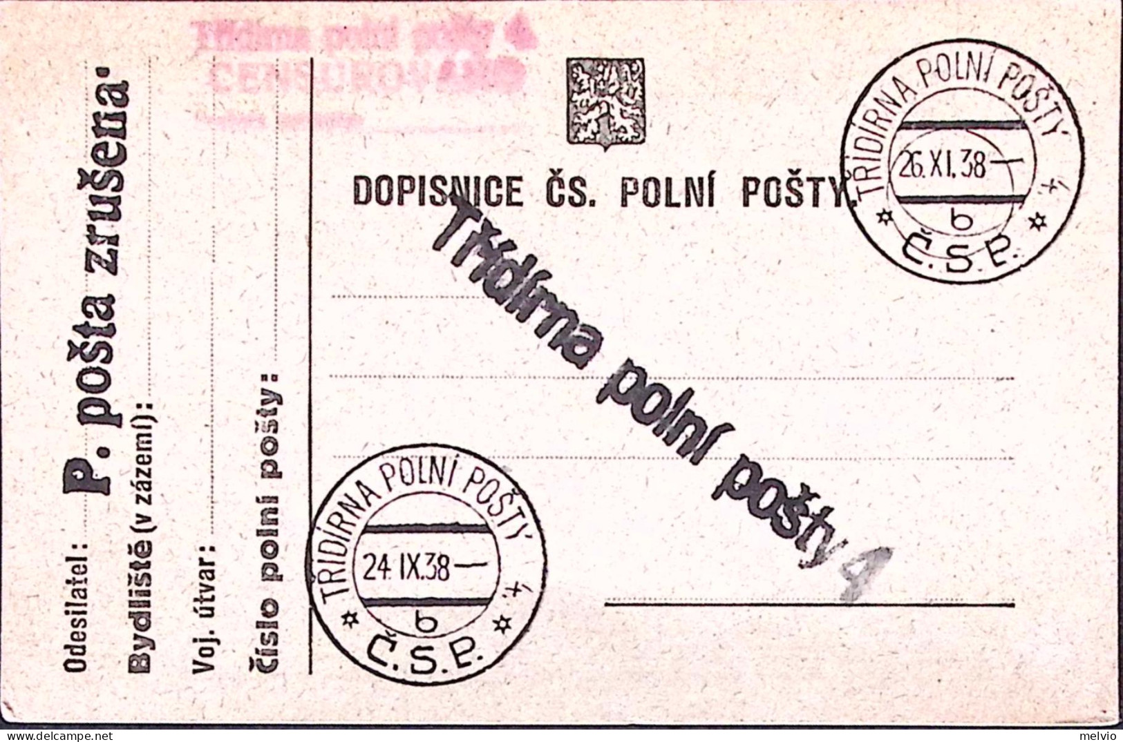 1938-POLONIA TRIORNA POLINI POSTA/4/b C.S.P. C.2 (26.11) Su Cartolina Franchigia - Autres & Non Classés